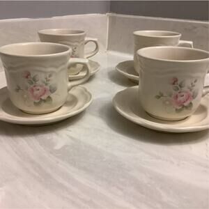 Set of 4 Pfaltzgraff Pink Tea Rose Stoneware Teacups, Coffee & Saucers